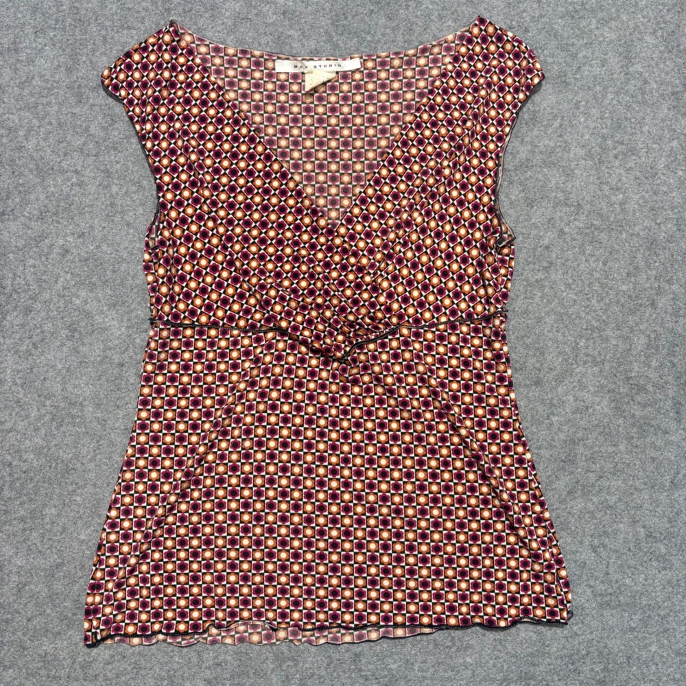 Max Studio Womens Geometric Floral V-Neck Empire Waist Sleeveless Top Orange M